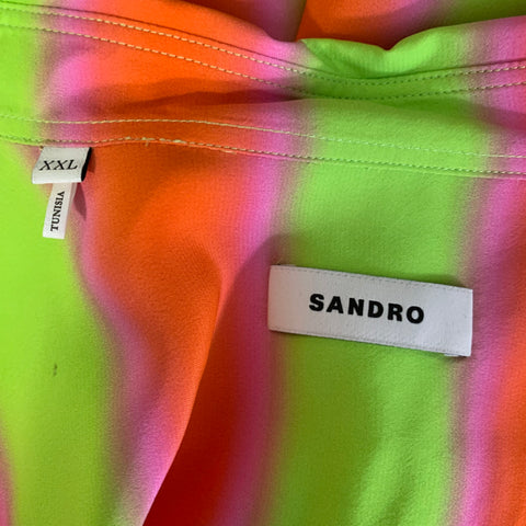 SANDRO SS2020 Size XXL Green Orange & Pink Stripe Viscose Button Up Short Sleeve Shirt