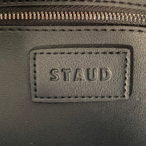 STAUD Black Metallic Rhinestones Faux Leather Top Handles Handbag
