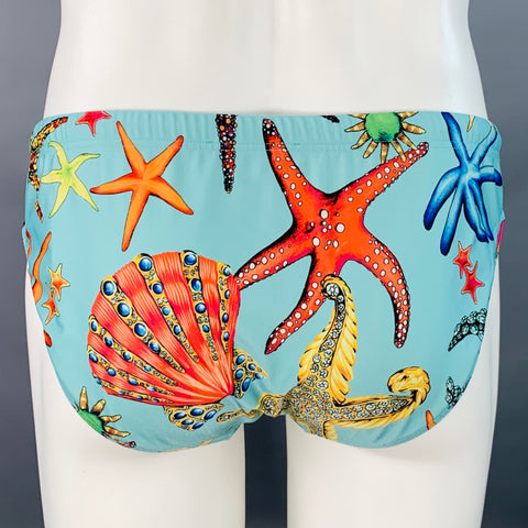 VERSACE Size S Blue Multi Color Seashells Starfish Nylon Drawstring Speedo