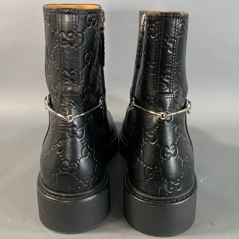 GUCCI Size 9.5 Black Leather 811377 Monogram Round Toe Boots