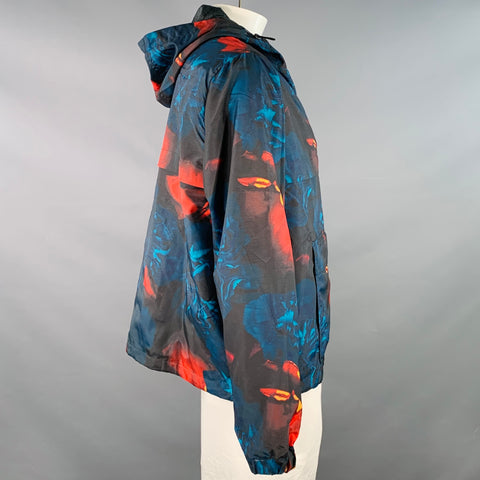 AMI by ALEXANDRE MATTIUSSI Size L Black Red Abstract Floral Hooded Pullover Jacket
