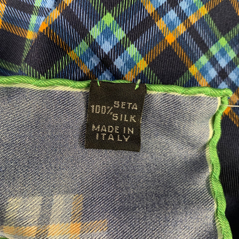 KITON Navy Green Plaid Silk Pocket Square