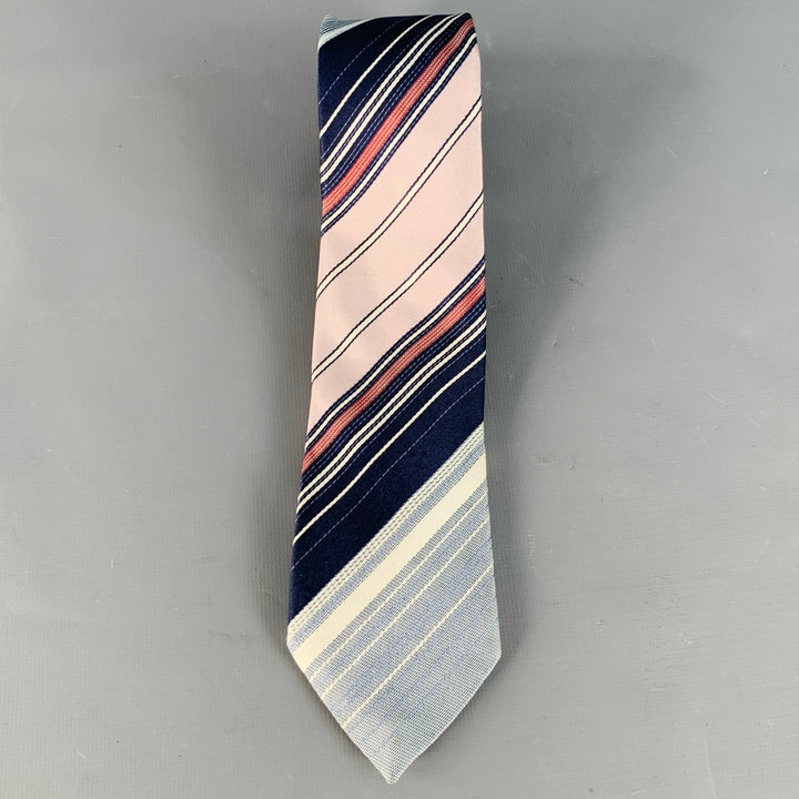 GUCCI Navy Pink Blue Diagonal Stripe Silk Skinny Tie