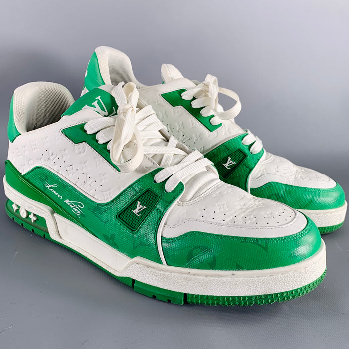 LOUIS VUITTON Size 11.5 LV Trainer Green White Two Toned Leather Sneakers