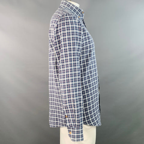 BRUNELLO CUCINELLI Size L Blue White Checkered Cotton Basic Fit Long Sleeve Shirt