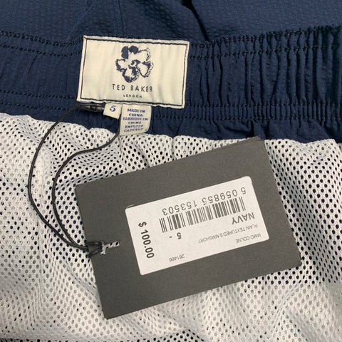 TED BAKER Size XL Navy Seersucker Drawstring Swim Trunks