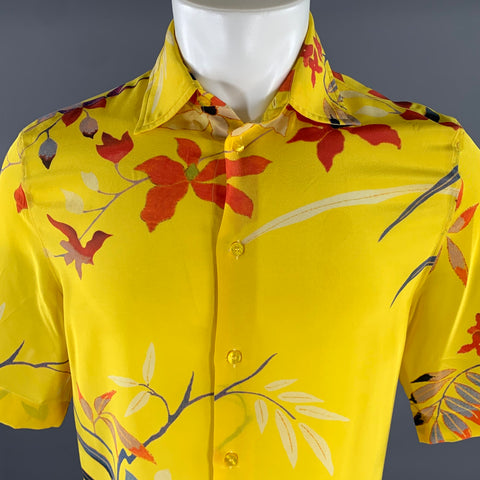 ETRO Size M Yellow Floral Silk Short Sleeve Shirt