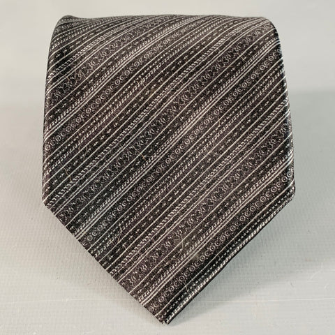 BRIONI One Size Black Grey Diagonal Stripe Silk Satin Tie