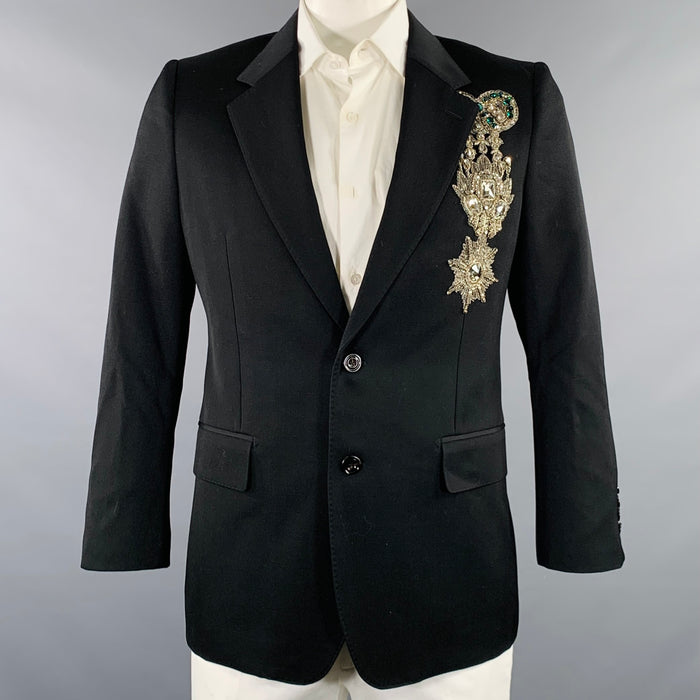 ALEXANDER MCQUEEN Size 42 Black Silver Green Beaded Embellishment Wool Sport Coat