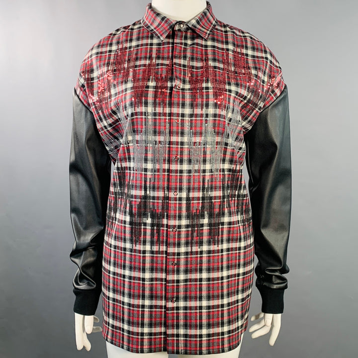 GIAMBATTISTA VALLI Size XL Black Red White Wool Blend Plaid Snaps Shirt
