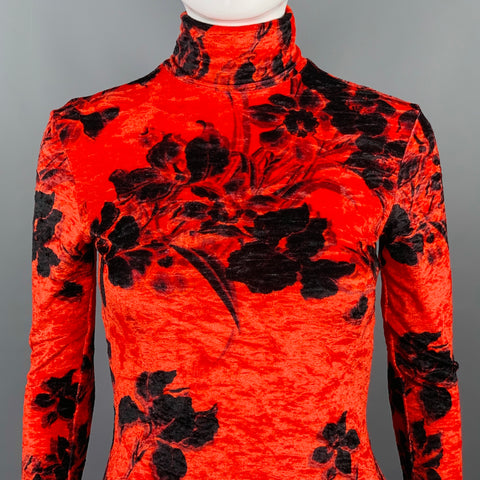 BALENCIAGA Size S Red Black Polyamide Stretch Blend Floral Turtleneck Midi Dress