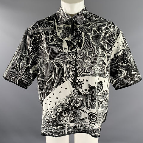 BORAMY VIGUIER Size L Black White Print Cotton Camp Polo