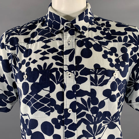 MR TURK Size L Blue White Floral Rayon Cotton Cutaway Short Sleeve Shirt