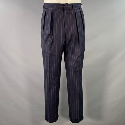 RALPH LAUREN Size 38 Regular Navy White Stripe Wool Notch Lapel Suit