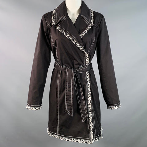DENNIS BASSO Size XS Black White Cotton Blend Contrast Stitch Belted Coat