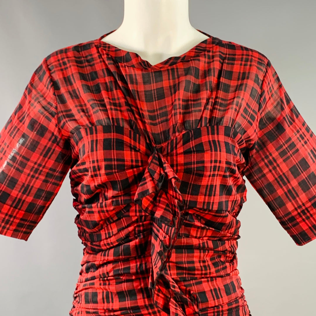 ISABEL MARANT ETOILE Size XS Red Black Cotton Linen Plaid Short Sleeve Ruched Dress