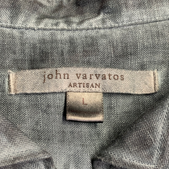 JOHN VARVATOS Size L Blue Dyed Linen Wingtip Long Sleeve Shirt