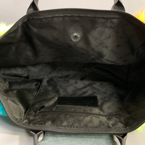 LONGCHAMP Black Color Block Nylon Faux fur Weekender Bag