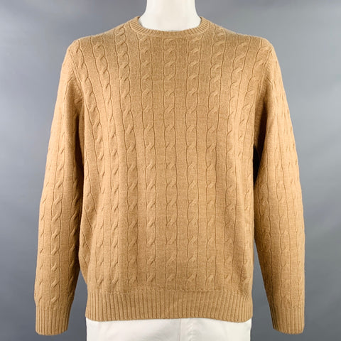 BROOKS BROTHERS Size L Camel Cable Knit Wool Crew Neck Sweater