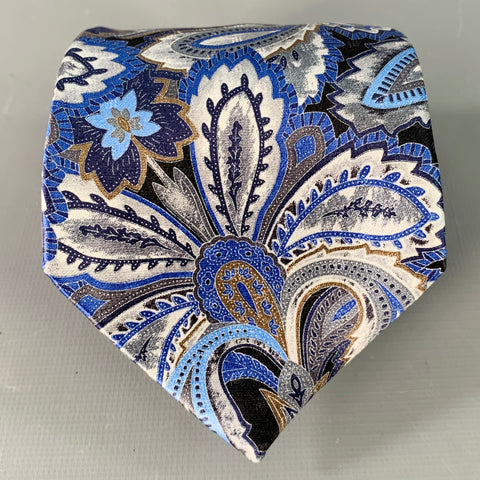 ERMENEGILDO ZEGNA Blue Silver Black Abstract Floral Silk Satin Tie