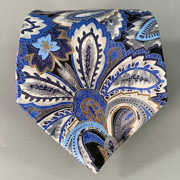 ERMENEGILDO ZEGNA Blue Silver Black Abstract Floral Silk Satin Tie