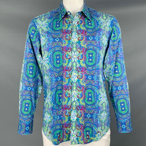 ROBERT GRAHAM Size L Blue Green Print Cotton Button Up Long Sleeve Shirt