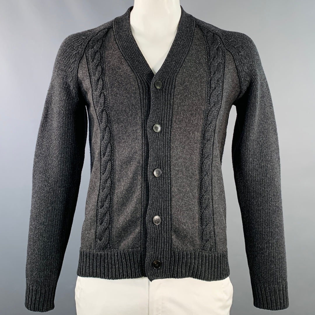 VALENTINO Size XL Charcoal Grey Cable Knit Virgin Wool Cashmere Cardigan
