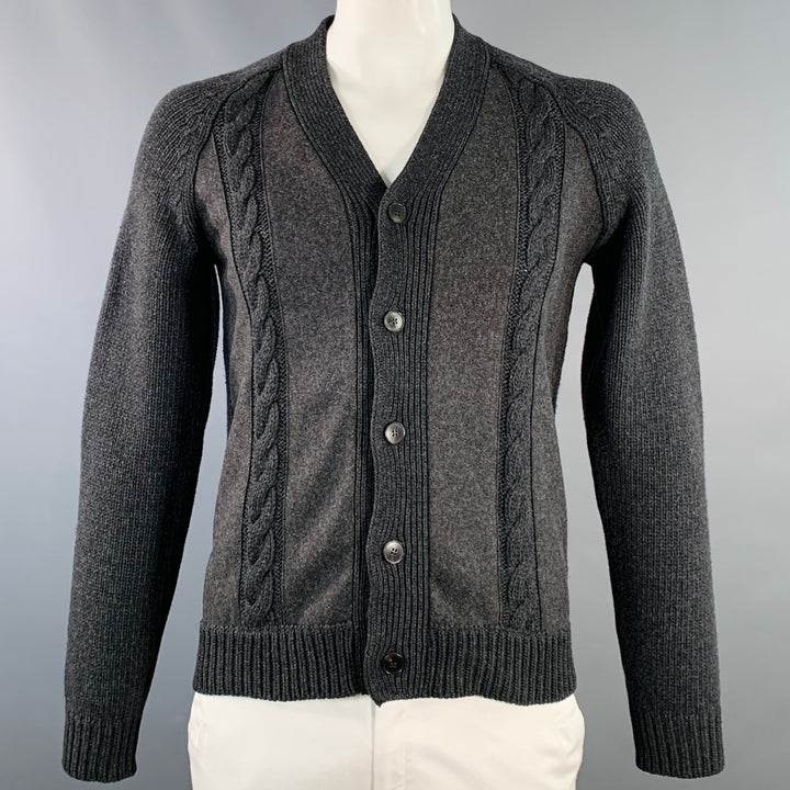 VALENTINO Size XL Charcoal Grey Cable Knit Virgin Wool Cashmere Cardigan