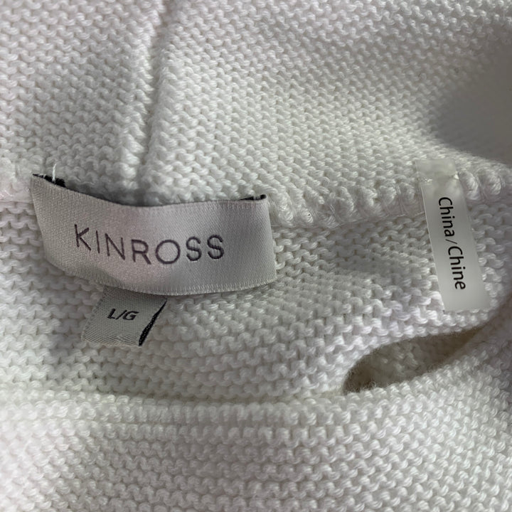 KINROSS Size L Loden White Cotton Garter Stitch Knit Mock Neck Sweater