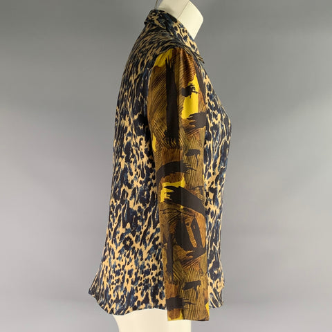 DRIES VAN NOTEN Size S Tan & Black Navy Silk Animal Blouse