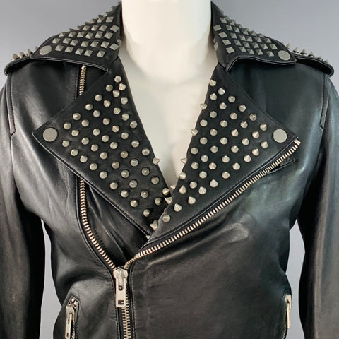 MUUBAA Size 6 Black Studded Lambskin Leather Biker Jacket