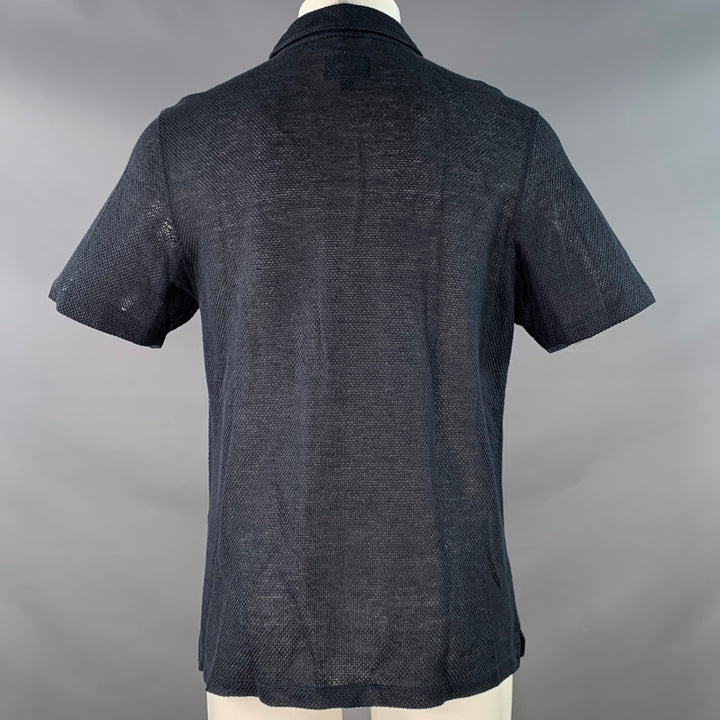 TODD SNYDER Size M Navy Woven Mesh Linen One Pocket Short Sleeve Shirt