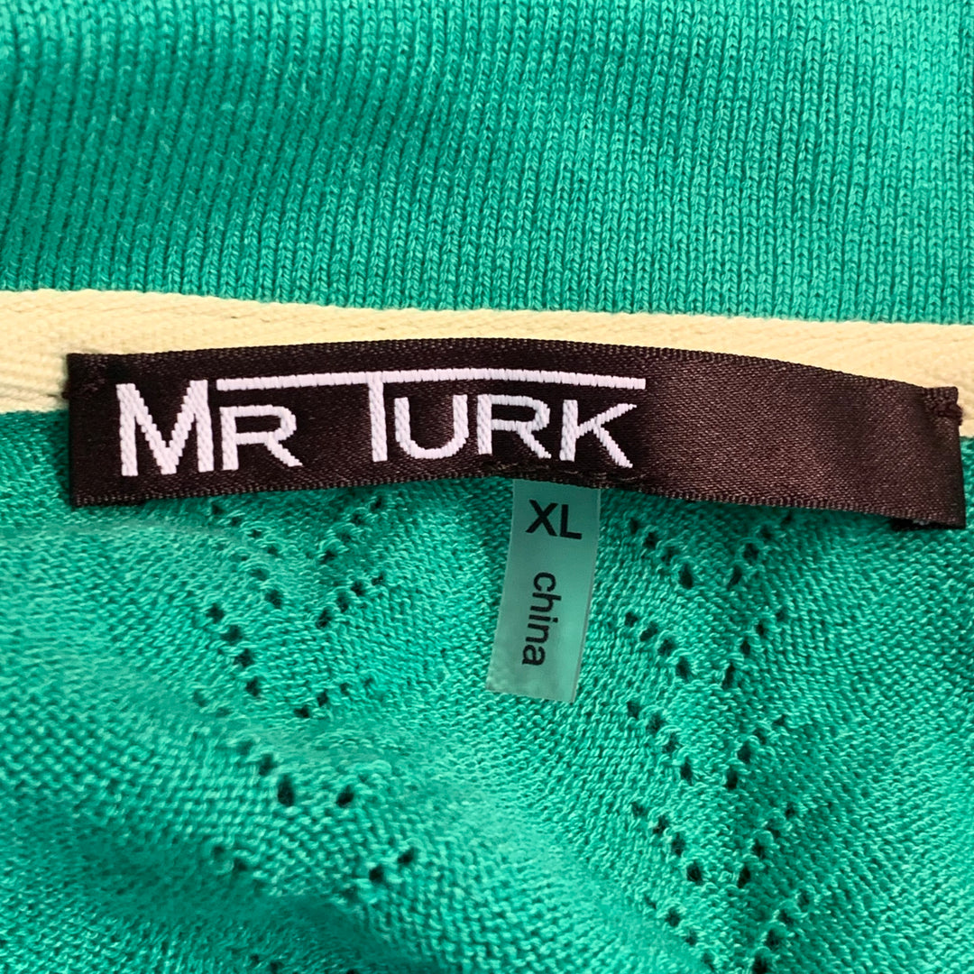 MR TURK Size XL Cole Green Pointelle Knit Cotton Blend Half Placket Polo