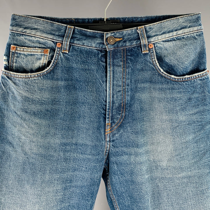 BALENCIAGA Size 31 Indigo Wash Denim Distressed Button Fly Jeans