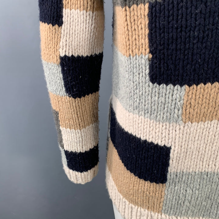 BARENA Size XL Grey Tan Brown Patchwork Virgin Wool Shawl Collar Cardigan