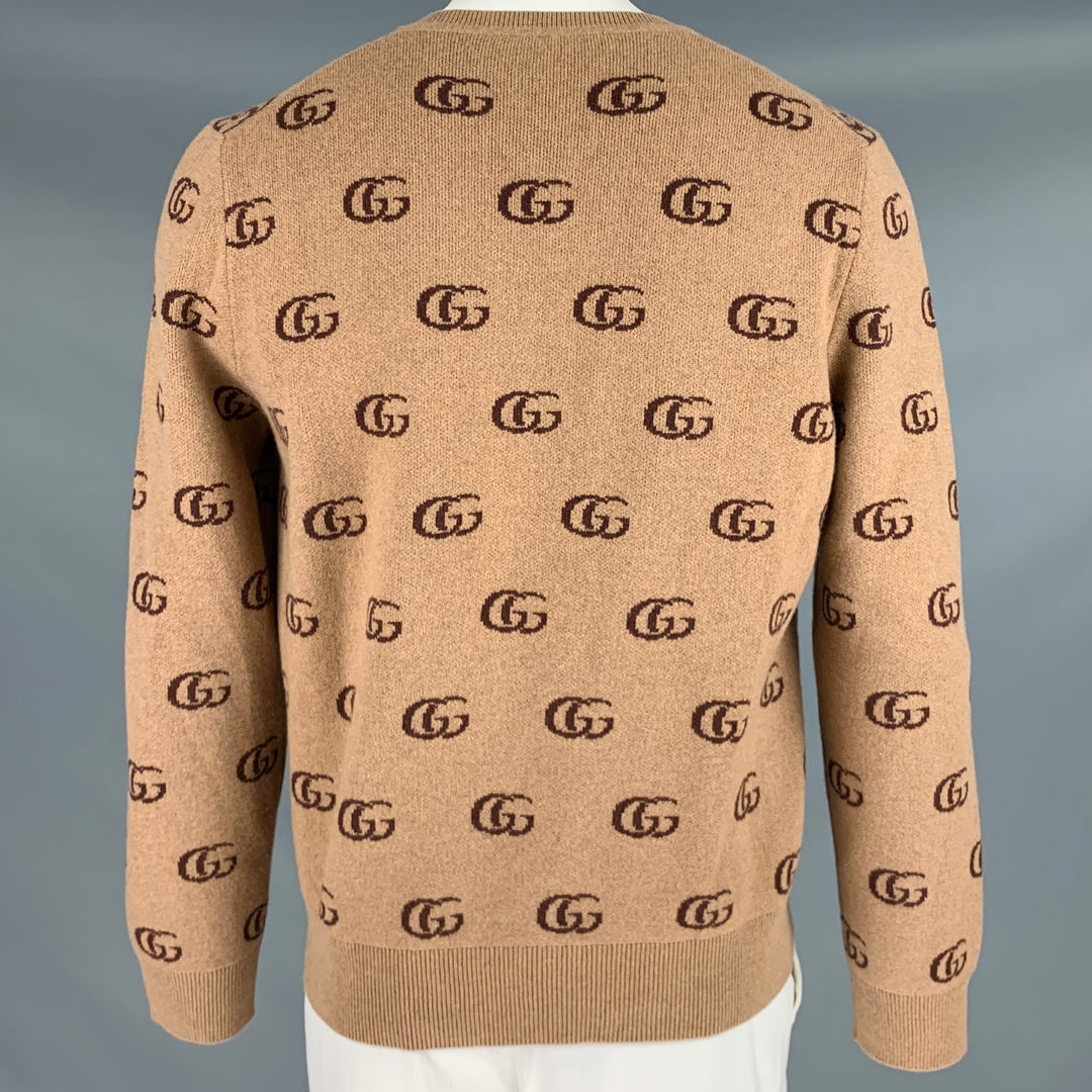 GUCCI Size XL Tan Brown GG Monogram Cashmere Wool V-Neck Sweater