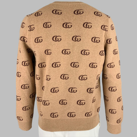 GUCCI Size XL Tan Brown GG Monogram Cashmere Wool V-Neck Sweater