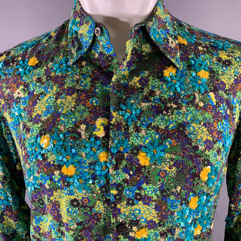 DRIES VAN NOTEN Size XS Green Blue Floral Viscose Sequined Long Sleeve Shirt