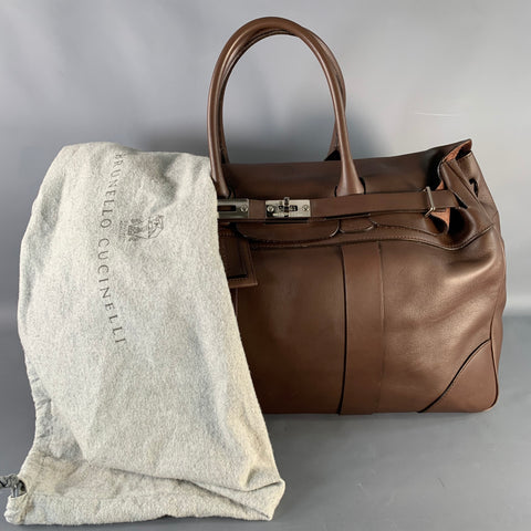 BRUNELLO CUCINELLI Chocolate Brown Leather Clasp Weekender Bag