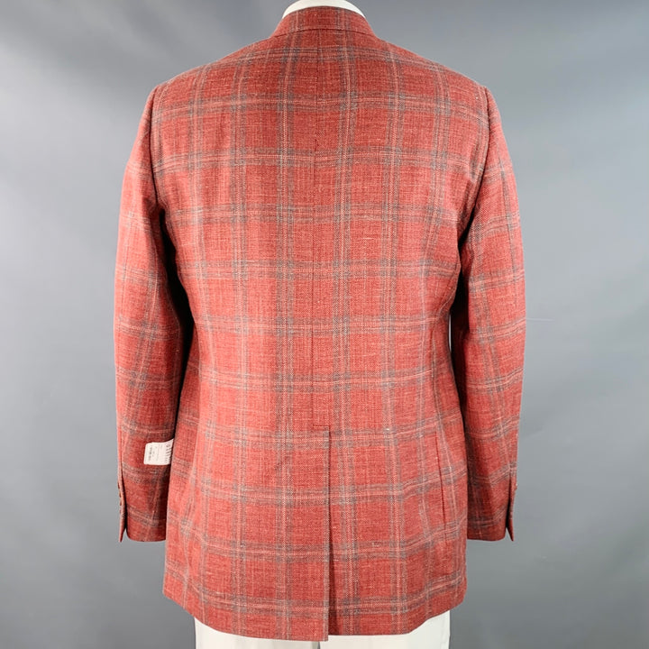O'CONNELL'S Size 42 Long Blue & Raspberry Plaid Wool Linen Silk Sport Coat
