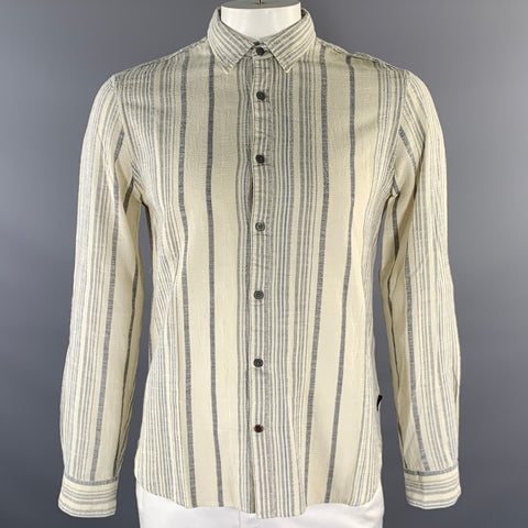 JOHN VARVATOS U.S.A. Size L Cream Blue Stripe Cotton Long Sleeve Shirt