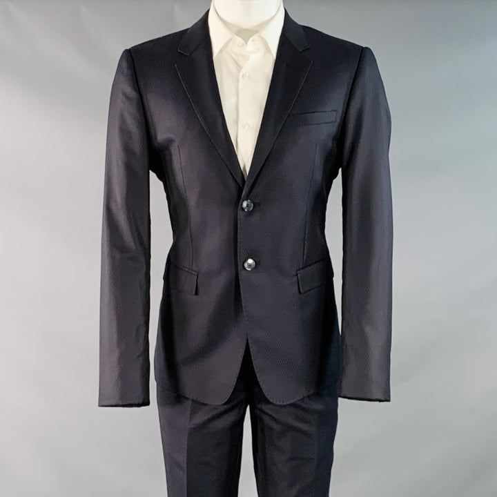 EMPORIO ARMANI Size 40 Navy Textured Wool Silk Single Breasted Notch Lapel Suit