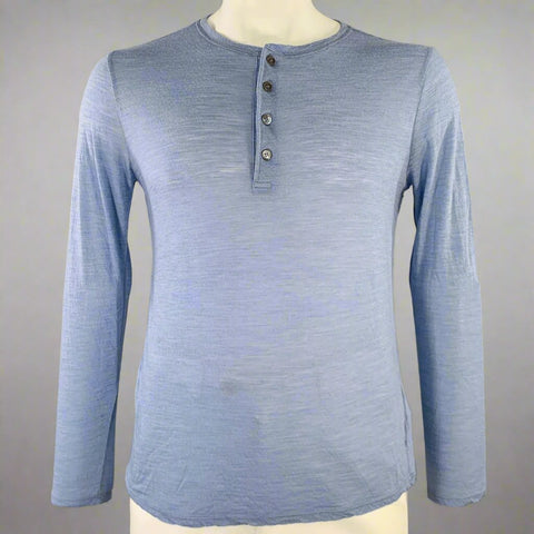 THEORY Size L Blue Virgin Wool Blend Henley Long Sleeve T-shirt