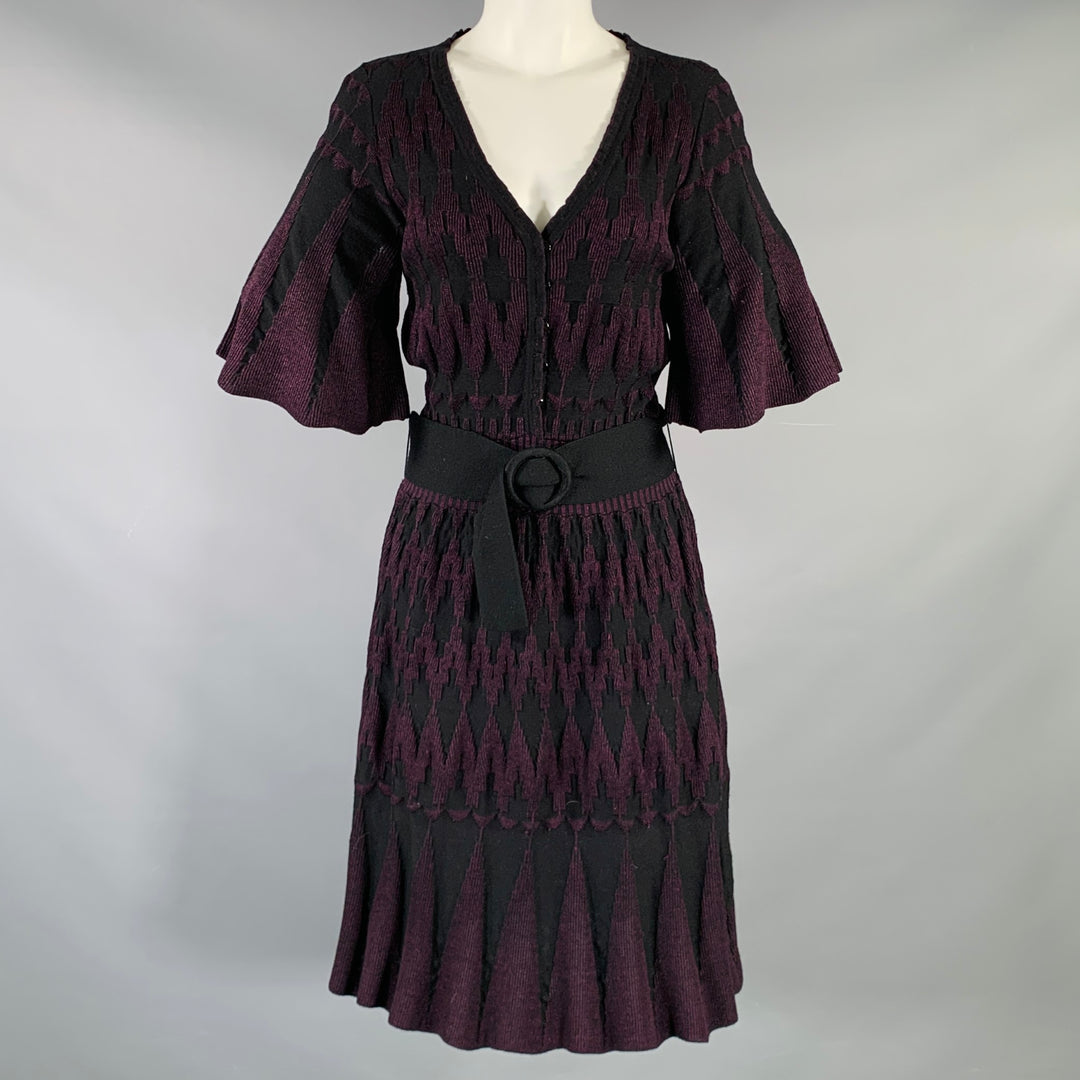 3.1 PHILLIP LIM Size M Purple Black Knit Geometric Belted Knee Length Dress