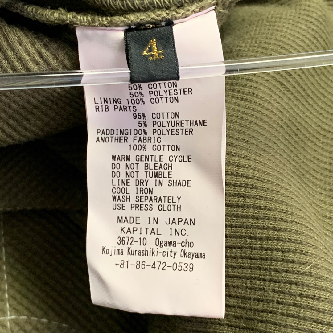 KAPITAL Size XL Olive Green Quilted Cotton Blend Crew Neck Sweatshirt