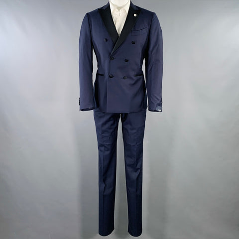 LARDINI Size 38 Navy Black Wool Double Breasted Tuxedo