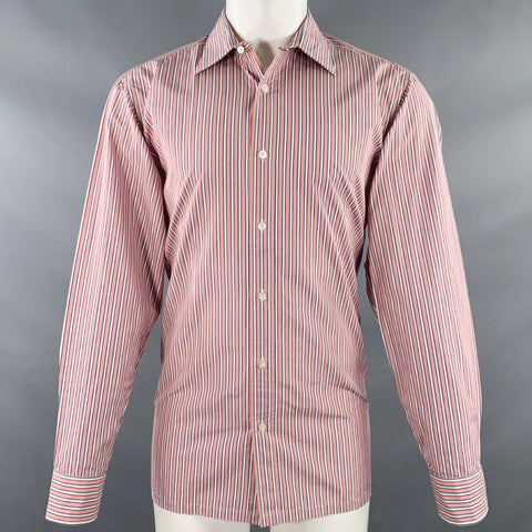 CHARVET Size M/L Red White Blue Stripe Cotton Curved Cutaway Long Sleeve Shirt