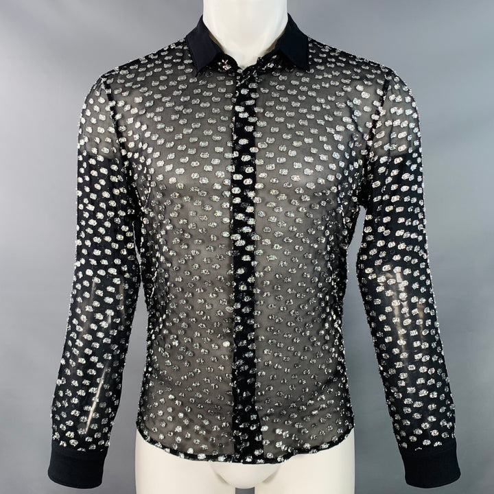 VERSUS by GIANNI VERSACE Size M Black Silver Metallic Silk Dots Long Sleeve Shirt
