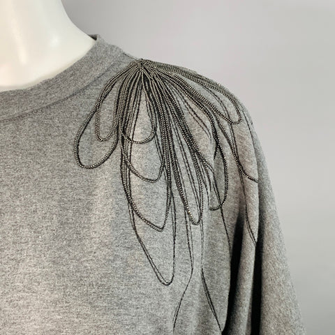 BRUNELLO CUCINELLI Size S Grey Cotton Blend Jersey Floral Monili Beaded Midi T-shirt Dress