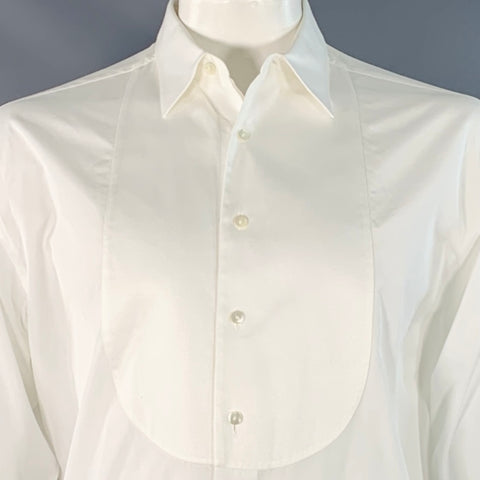 LORENZINI Size L White Textured Cotton Tuxedo Long Sleeve Shirt